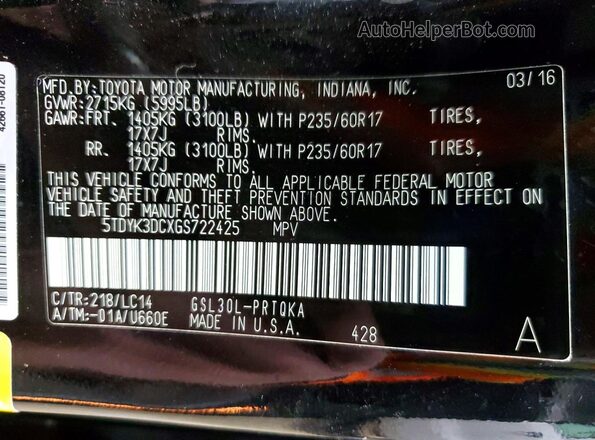 5TDYK3DCXGS722425 2016 TOYOTA SIENNA Black Панорамний вид салону 360°
