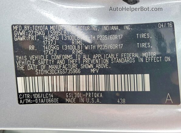 5TDYK3DCXGS735966 2016 TOYOTA SIENNA Серебряный Вид наклейки с VIN-кодом