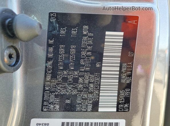 5TDYSKFC3TS236511 2026 TOYOTA SIENNA Gray Vista de la etiqueta del VIN