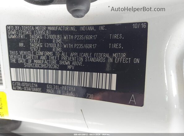 5TDYZ3DC3HS792362 2017 TOYOTA SIENNA Белый Вид подкапотного пространства