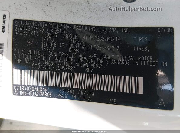 5TDYZ3DC4JS959687 2018 TOYOTA SIENNA White Widok komory silnika