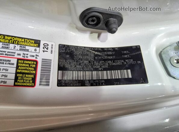 5TDYZ3DC4LS048276 2020 TOYOTA SIENNA White Vista de la etiqueta del VIN
