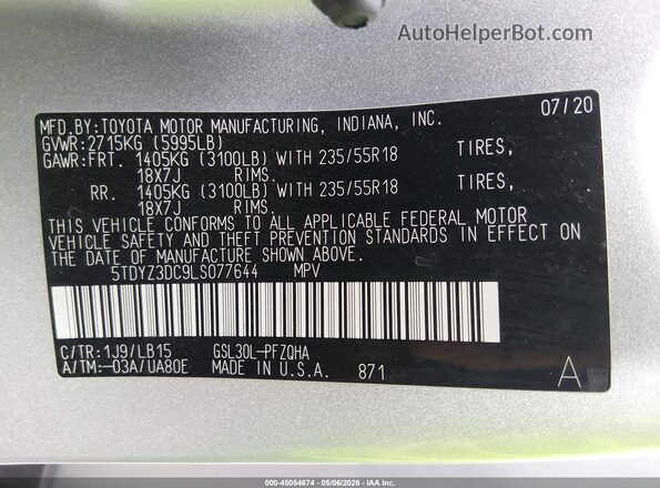 5TDYZ3DC9LS077644 2020 TOYOTA LIMITED Серый Вид подкапотного пространства