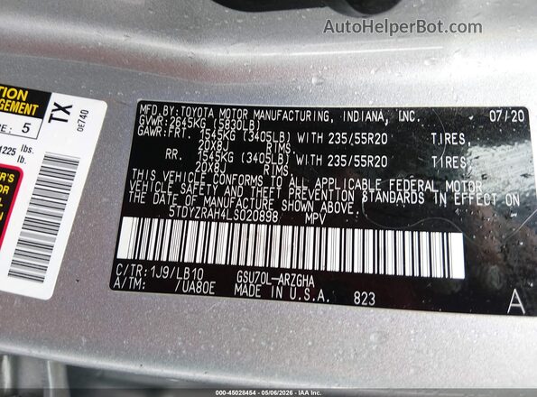 5TDYZRAH4LS020898 2020 TOYOTA LIMITED Серый Вид подкапотного пространства
