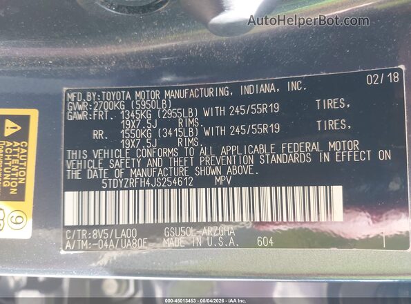 5TDYZRFH4JS254612 2018 TOYOTA LIMITED Синий Вид подкапотного пространства