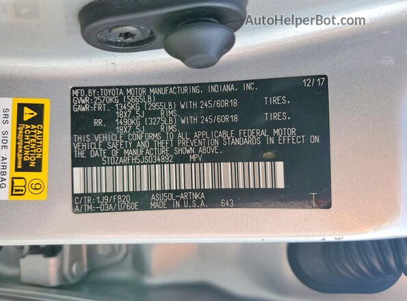 5TDZARFH5JS034892 2018 TOYOTA HIGHLANDER Silver Widok wnętrza 360 stopni