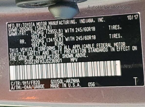 5TDZZRFH3JS236901 2018 TOYOTA HIGHLANDER Угольный Панорамный вид салона 360°