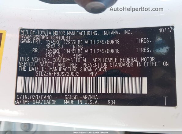 5TDZZRFH8JS239082 2018 TOYOTA HIGHLANDER Белый Вид подкапотного пространства