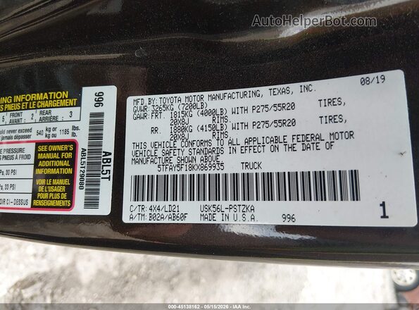5TFAY5F18KX869935 2019 TOYOTA TUNDRA Brown Вид підкапотного простору