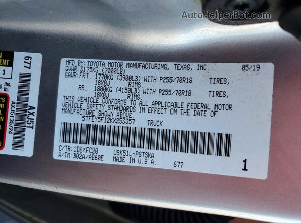 5TFEY5F12KX253357 2019 TOYOTA TUNDRA Silver Widok komory silnika
