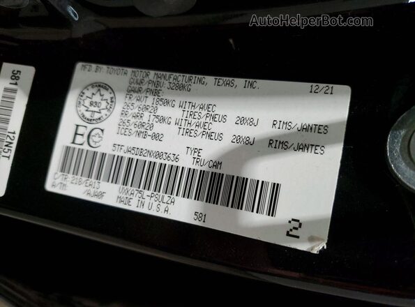 5TFJA5DB2NX003636 2022 TOYOTA TUNDRA Черный Вид подкапотного пространства