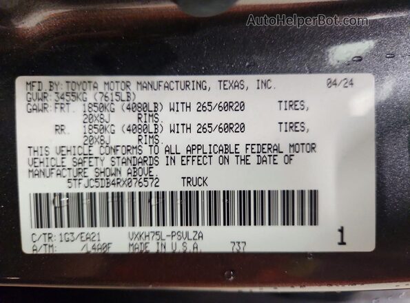 5TFJC5DB4RX076572 2024 TOYOTA LIMITED Gray Вид наклейки з VIN-кодом