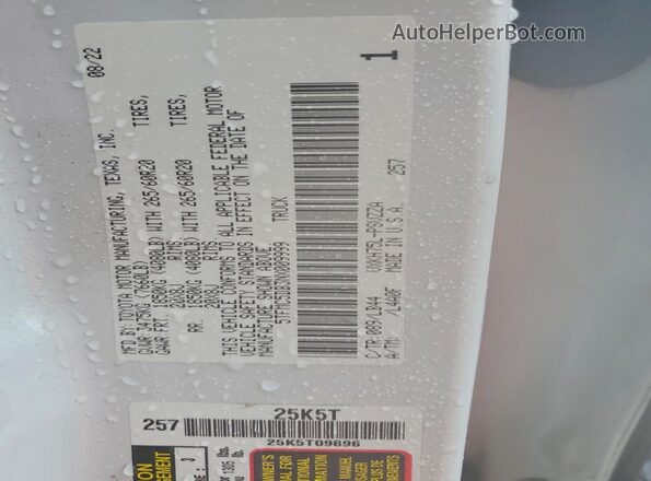 5TFMC5DB3NX009999 2022 TOYOTA TUNDRA White Widok naklejki z numerem VIN