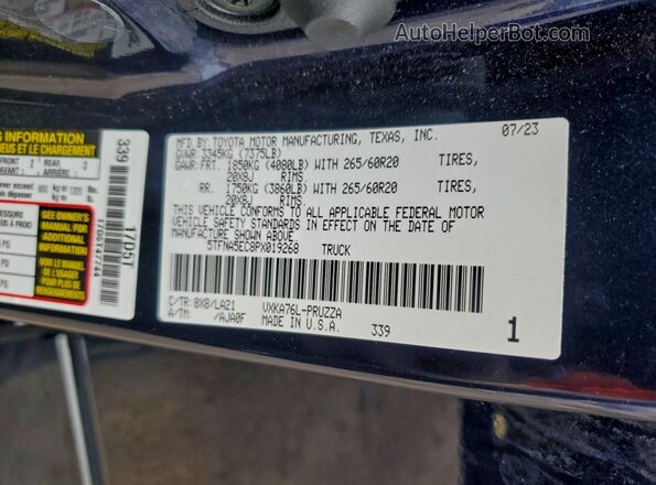 5TFNA5EC8PX019268 2023 TOYOTA TUNDRA Blue Vista de la etiqueta del VIN
