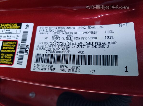 5TFUM5F18KX082296 2019 TOYOTA TUNDRA Burgundy Widok komory silnika