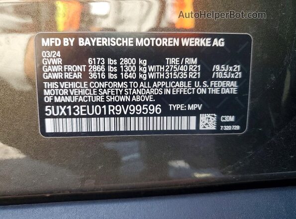 5UX13EU01R9V99596 2024 BMW X5 Green VIN sticker view