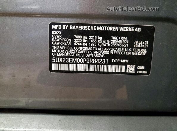 5UX23EM00P9R84231 2023 BMW X7 Gray VIN sticker view
