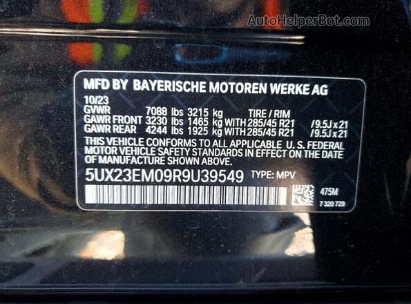 5UX23EM09R9U39549 2024 BMW X7 Charcoal Vista de la etiqueta del VIN