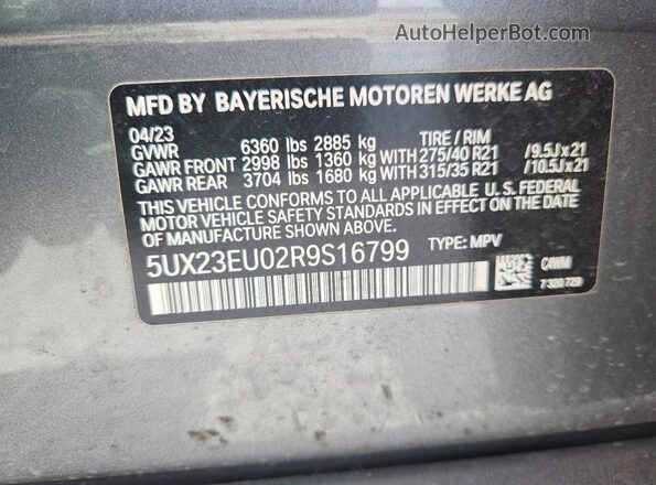 5UX23EU02R9S16799 2024 BMW X5 Серый Вид наклейки с VIN-кодом