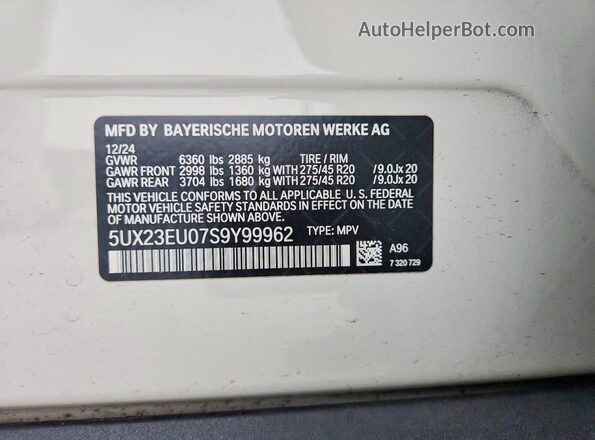 5UX23EU07S9Y99962 2025 BMW X5 White Widok naklejki z numerem VIN