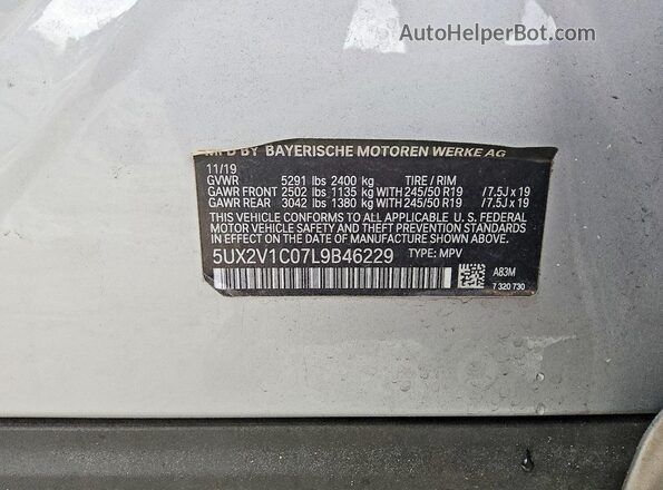 5UX2V1C07L9B46229 2020 BMW X4 Серебряный Вид наклейки с VIN-кодом