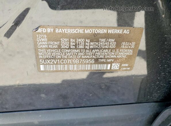 5UX2V1C07L9B75956 2020 BMW X4 Gray Vista de la etiqueta del VIN