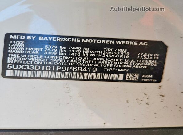 5UX33DT01P9P68419 2023 BMW X4 Белый Панорамный вид салона 360°