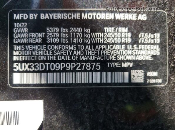 5UX33DT09P9P27875 2023 BMW X4 Угольный Вид наклейки с VIN-кодом