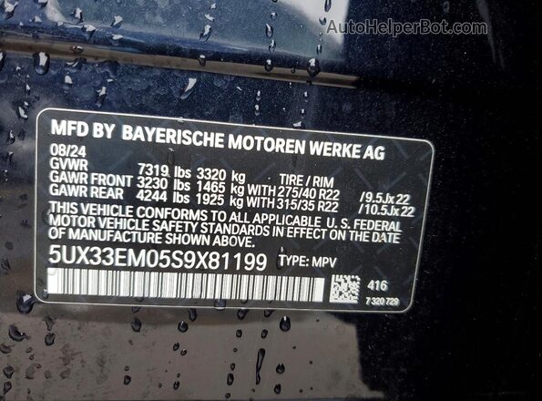 5UX33EM05S9X81199 2025 BMW X7 Черный Вид наклейки с VIN-кодом