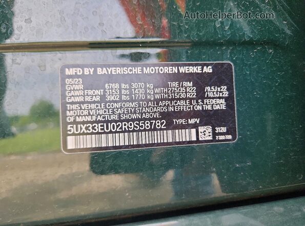 5UX33EU02R9S58782 2024 BMW X5 Зеленый Вид наклейки с VIN-кодом