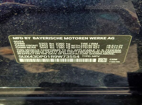 5UX43DP01R9W73554 2024 BMW X3 Синий Вид наклейки с VIN-кодом