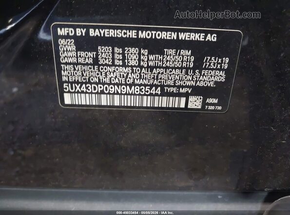 5UX43DP09N9M83544 2022 BMW X3 Черный Вид подкапотного пространства