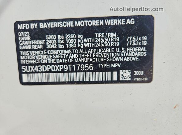 5UX43DP0XP9T17956 2023 BMW X3 Белый Панорамный вид салона 360°