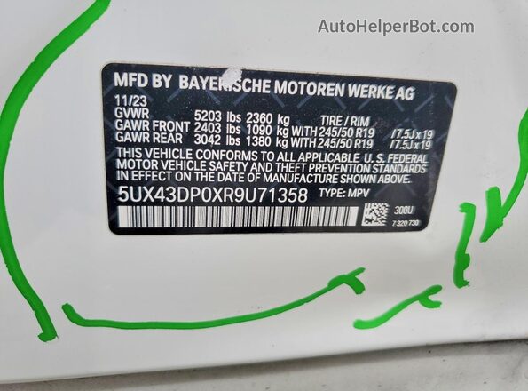 5UX43DP0XR9U71358 2024 BMW X3 Белый Вид наклейки с VIN-кодом