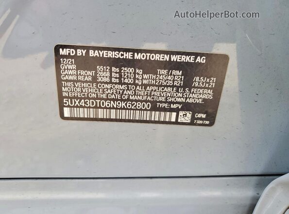 5UX43DT06N9K62800 2022 BMW X4 Gray Widok naklejki z numerem VIN