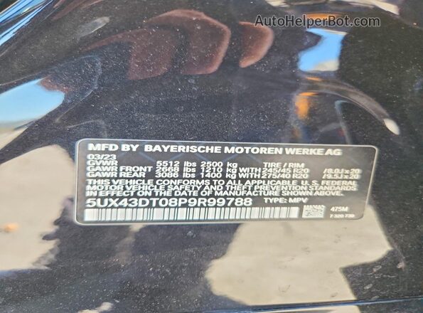 5UX43DT08P9R99788 2023 BMW X4 Black Вид наклейки з VIN-кодом