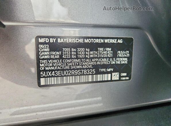 5UX43EU02R9S78325 2024 BMW X5 Silver Widok naklejki z numerem VIN