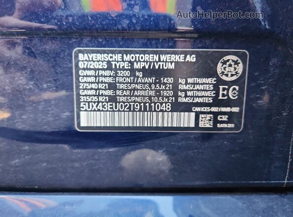 5UX43EU02T9111048 2026 BMW X5 Синий Панорамный вид салона 360°