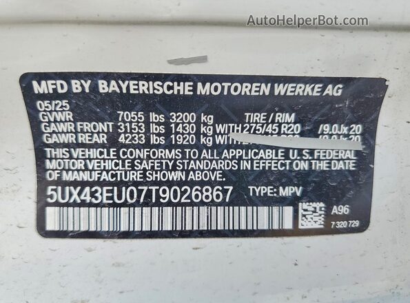 5UX43EU07T9026867 2026 BMW X5 Белый Вид наклейки с VIN-кодом
