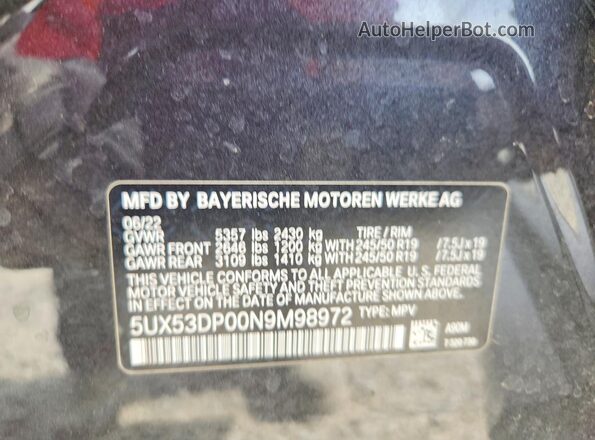 5UX53DP00N9M98972 2022 BMW X3 Black Vista de la etiqueta del VIN