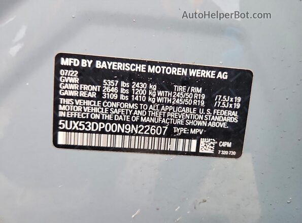 5UX53DP00N9N22607 2022 BMW X3 Gray VIN კოდის სტიკერის ხედი