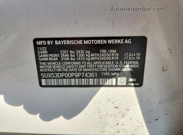 5UX53DP00P9P74361 2023 BMW X3 Белый Вид наклейки с VIN-кодом