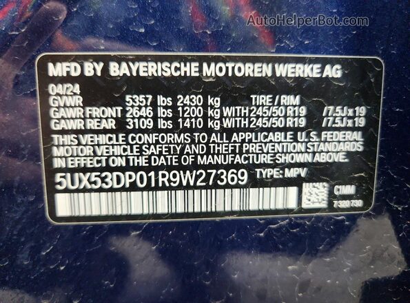 5UX53DP01R9W27369 2024 BMW X3 Синий Панорамный вид салона 360°