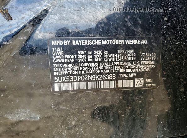 5UX53DP02N9K26388 2022 BMW X3 Black Widok naklejki z numerem VIN