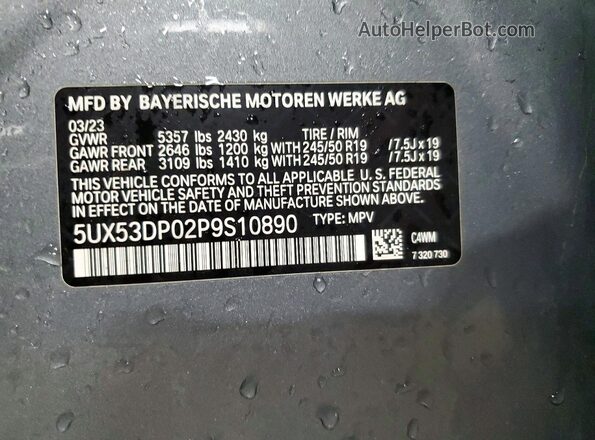 5UX53DP02P9S10890 2023 BMW X3 Gray Widok komory silnika