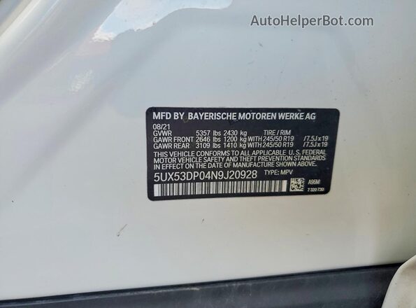 5UX53DP04N9J20928 2022 BMW X3 Белый Вид наклейки с VIN-кодом
