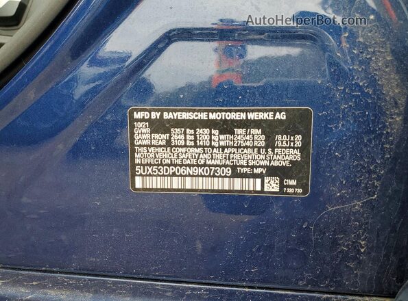 5UX53DP06N9K07309 2022 BMW X3 Blue Widok wnętrza 360 stopni
