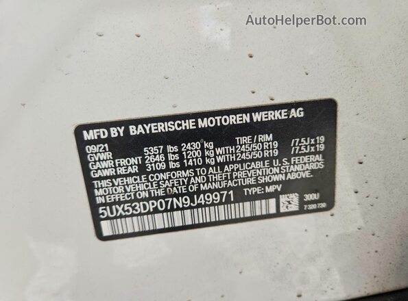 5UX53DP07N9J49971 2022 BMW X3 Белый Вид наклейки с VIN-кодом