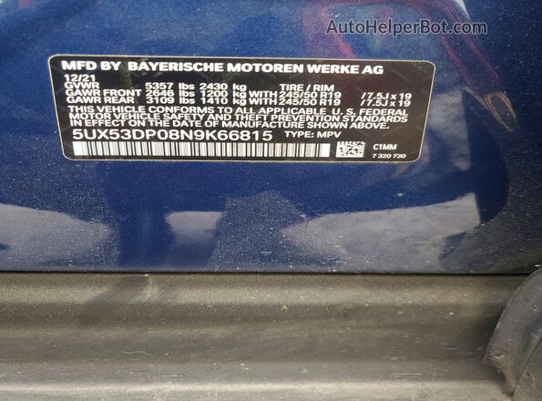 5UX53DP08N9K66815 2022 BMW X3 Синий Вид наклейки с VIN-кодом