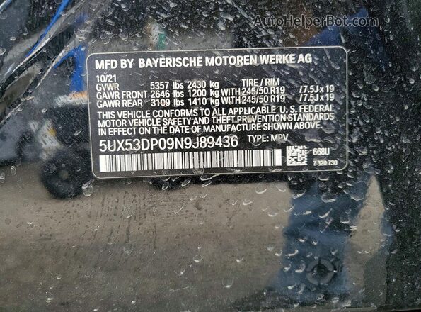 5UX53DP09N9J89436 2022 BMW X3 Black Widok komory silnika
